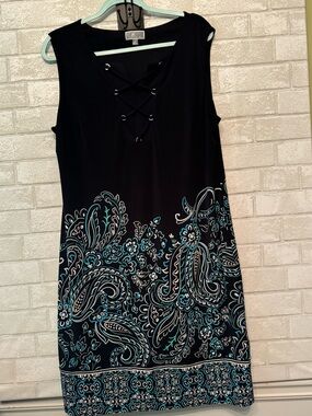 JM Collection Black Midi Dress with Teal Paisley Print